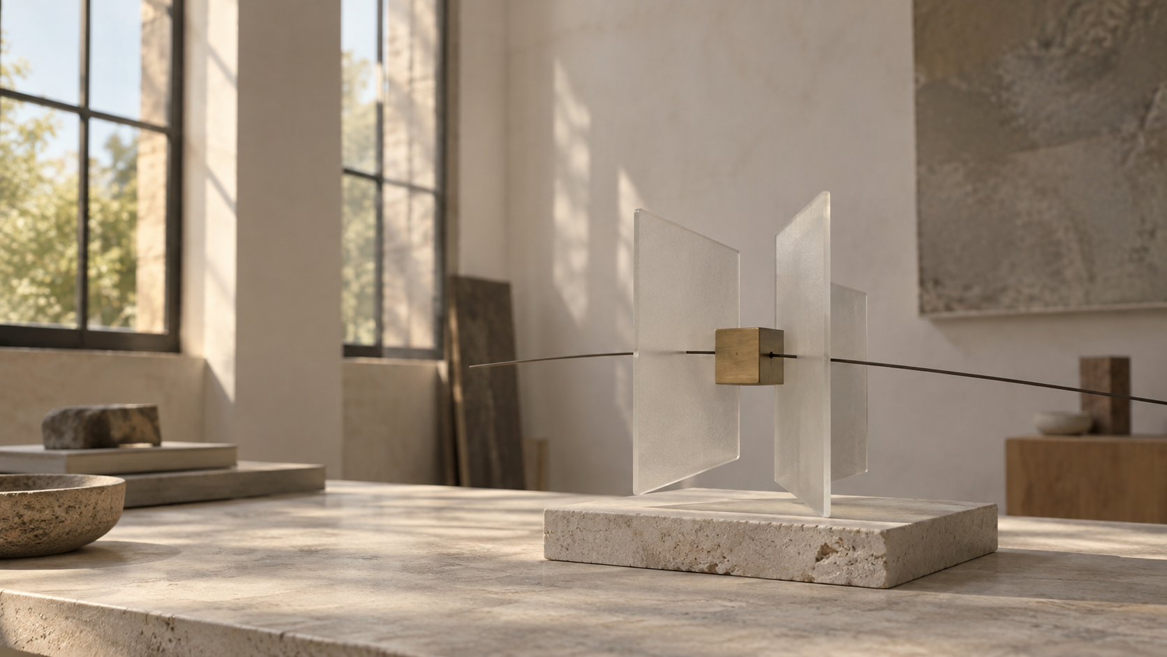 An ivory orbital sculpture with a gold node in a quiet studio