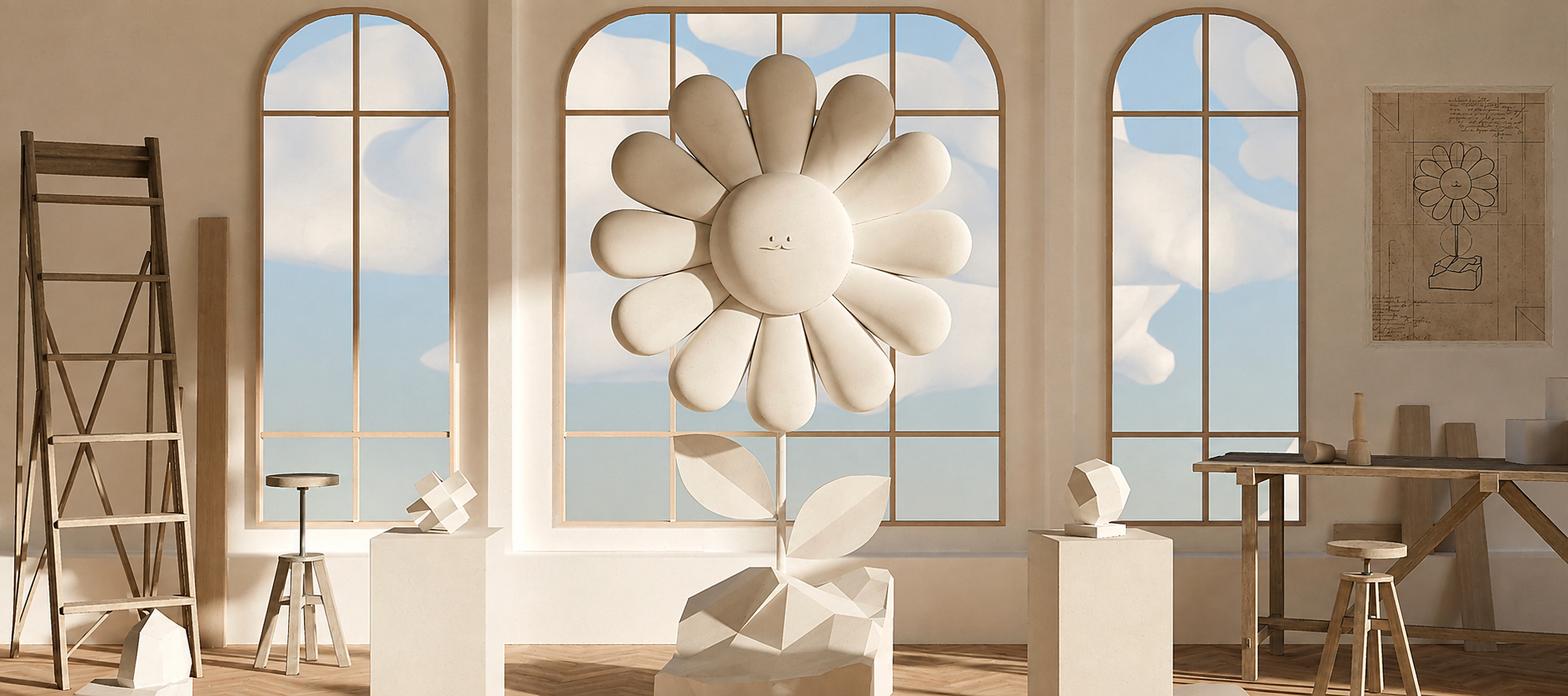 A crisp sculptural studio scene for the launchpad network